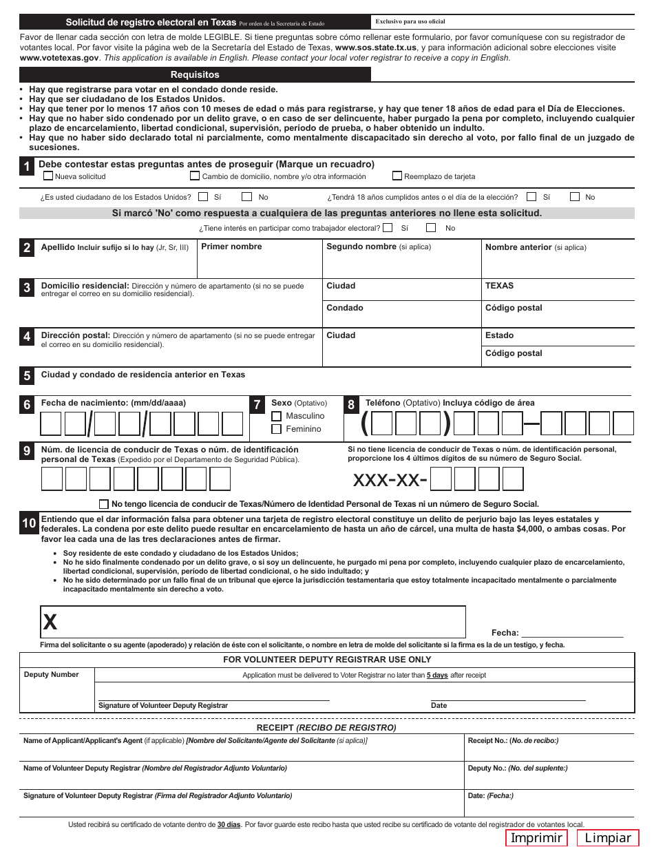 Formulario 21-1 Solicitud De Registro Electoral En Texas - Texas (Spanish), Page 1