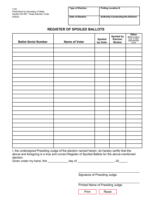 Form 7-93 Register of Spoiled Ballots - Texas