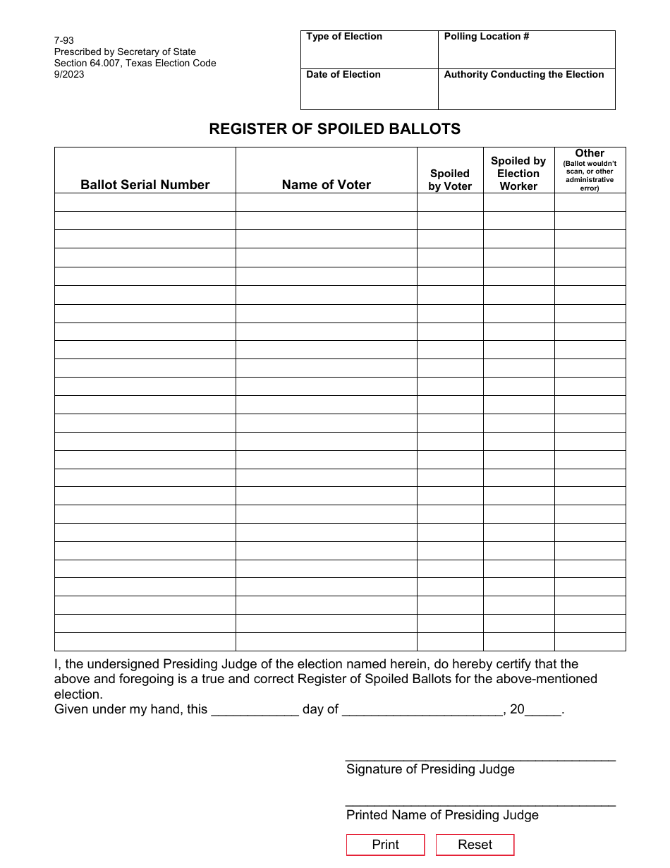 Form 7-93 Register of Spoiled Ballots - Texas, Page 1