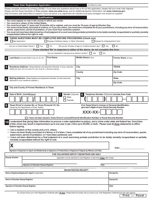 Form 21-1 Voter Registration Application for Use by Vdr - Texas