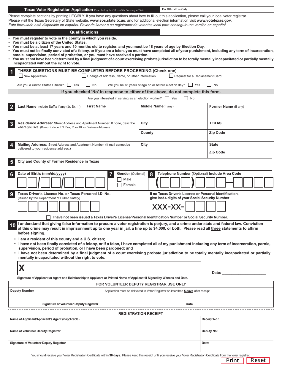 Form 21-1 Voter Registration Application for Use by Vdr - Texas, Page 1