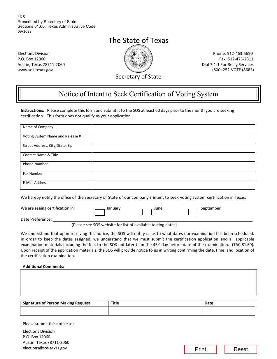 Form 16-5 Notice of Intent to Seek Certification of Voting System - Texas, Page 1