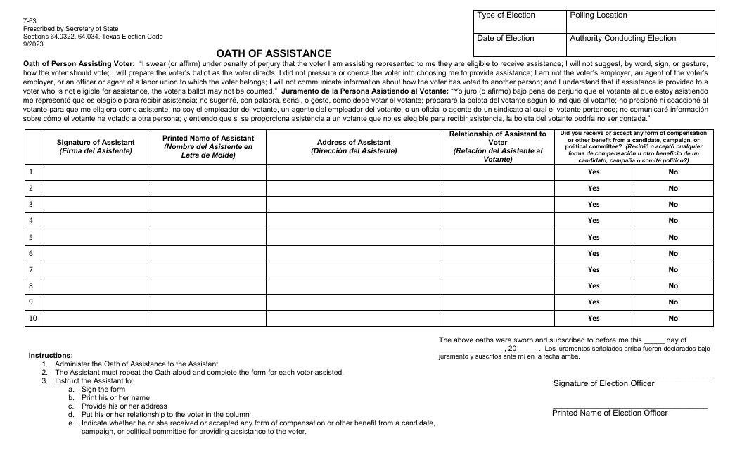 Form 7-63 Oaths of Assistance and Oath of Interpreters - Texas