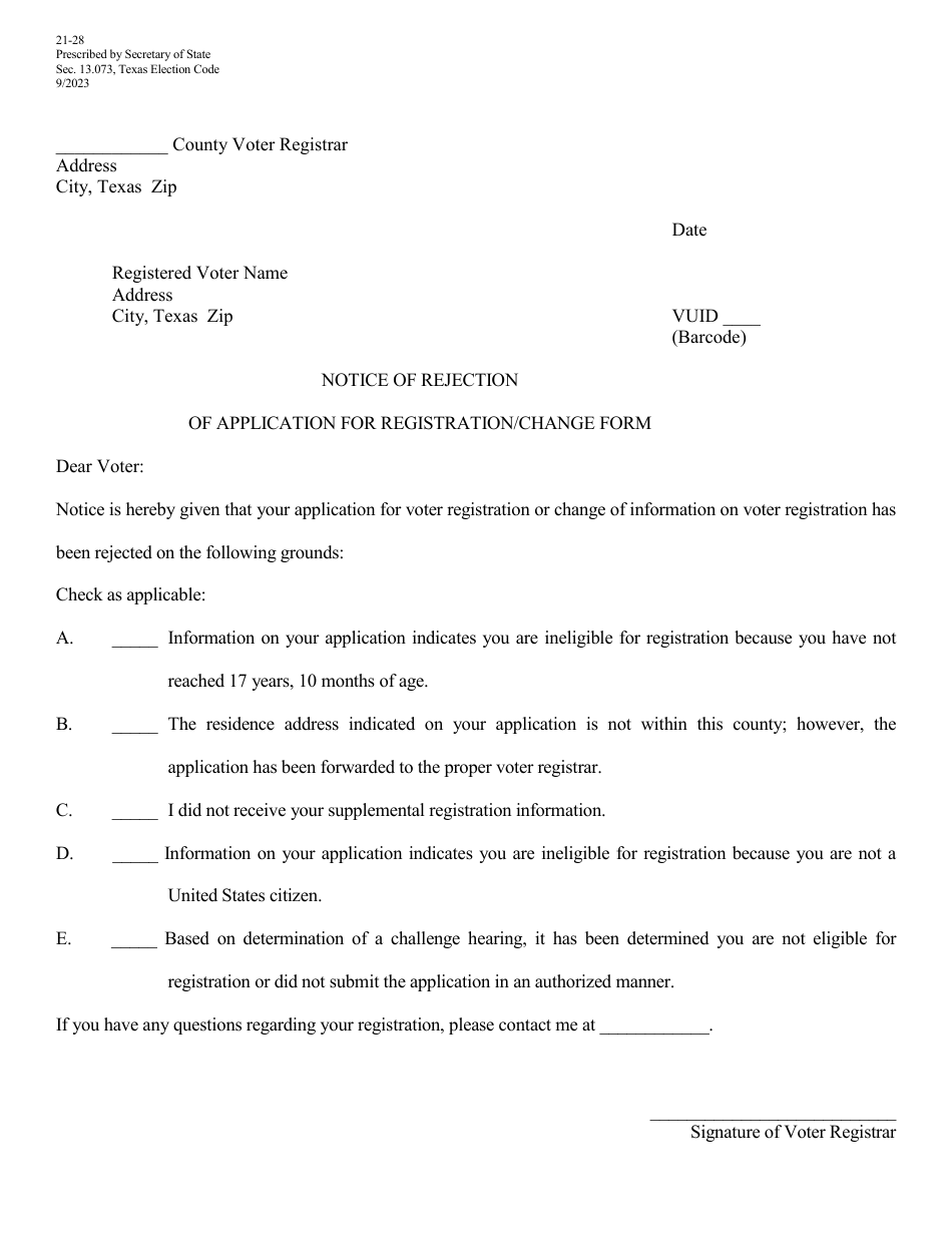 Form 21-28 Notice of Rejection of Application - Texas (English / Spanish), Page 1