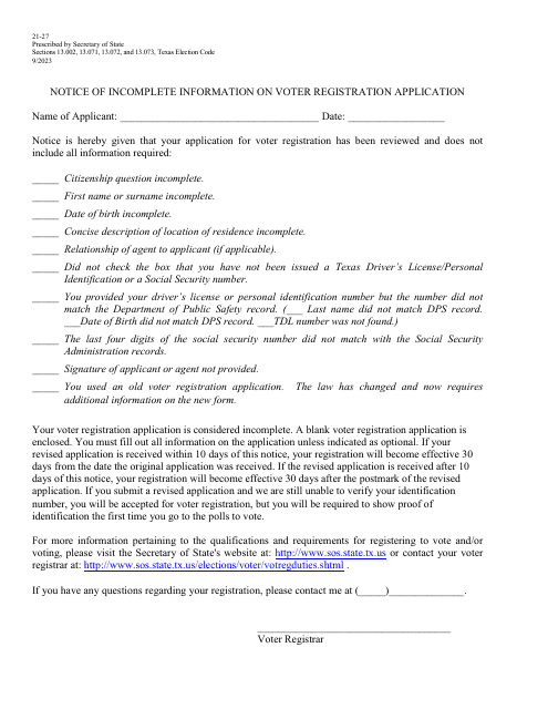 Form 21-27 Notice of Incomplete - Texas (English/Spanish)