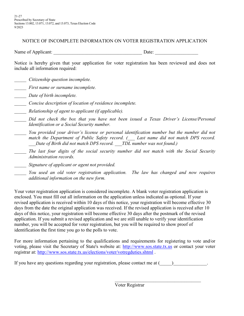 Form 21-27 Notice of Incomplete - Texas (English / Spanish), Page 1