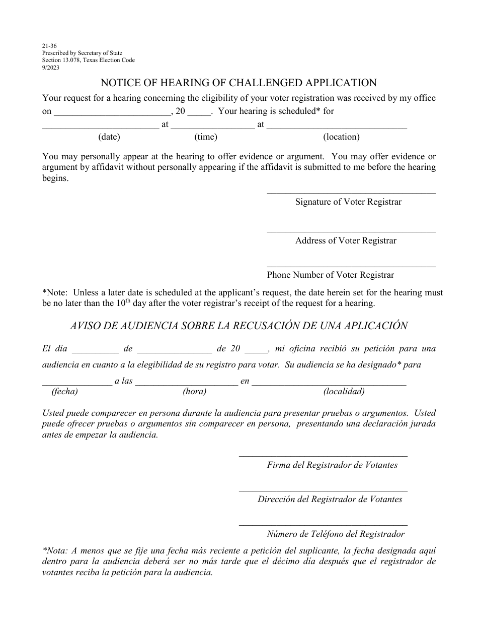 Form 21-36 Notice of Hearing of Challenged Application - Texas (English / Spanish), Page 1