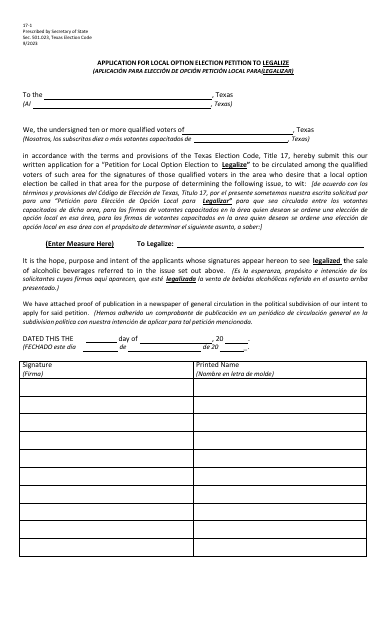 Form 17-1 Application for Local Option Election Petition to Legalize - Texas (English/Spanish)