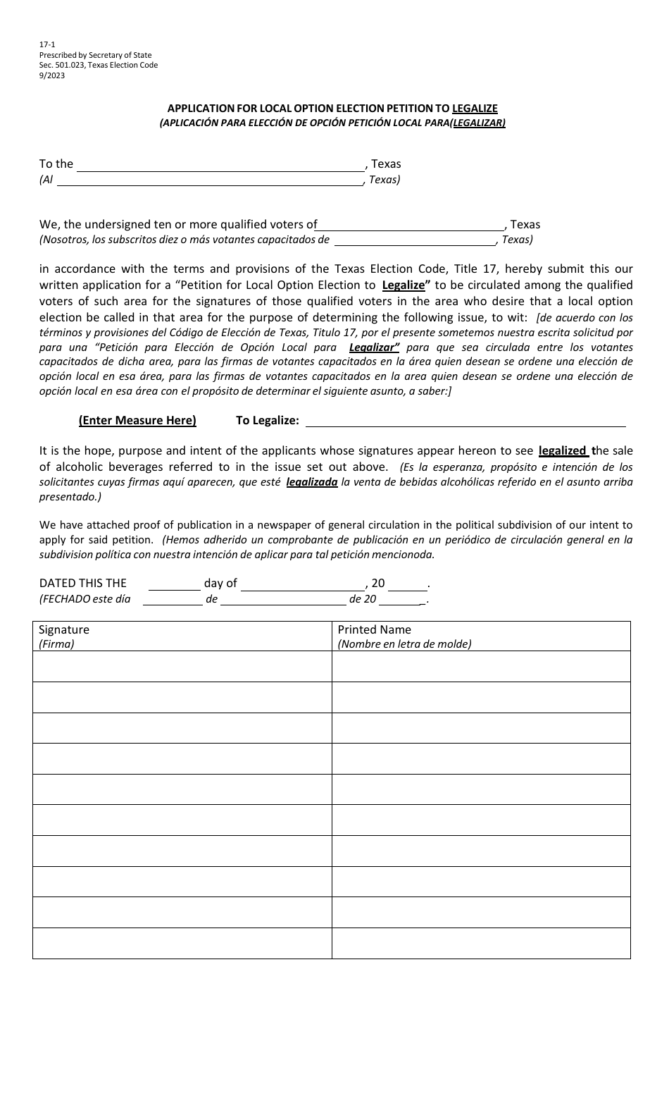 Form 17-1 Application for Local Option Election Petition to Legalize - Texas (English / Spanish), Page 1