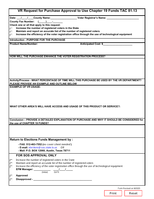 Form 19-2 Vr Request for Purchase Approval to Use Chapter 19 Funds - Texas