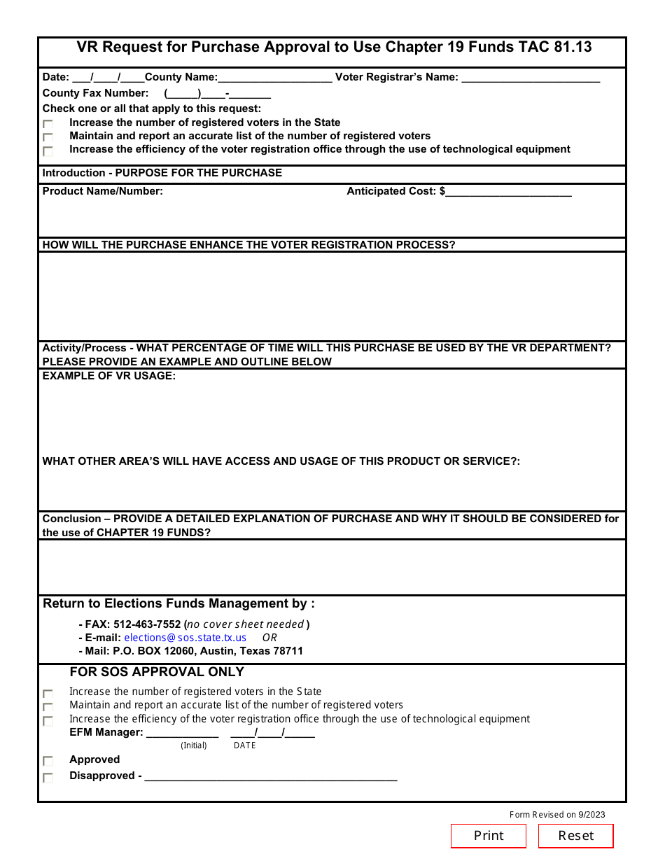 Form 19-2 Vr Request for Purchase Approval to Use Chapter 19 Funds - Texas, Page 1