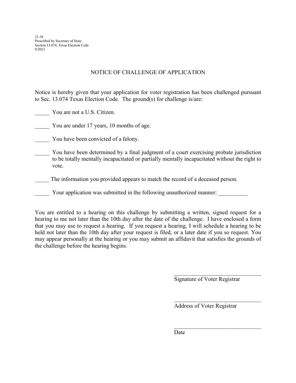 Form 21-34 Notice of Challenge of Application - Texas (English / Spanish), Page 1