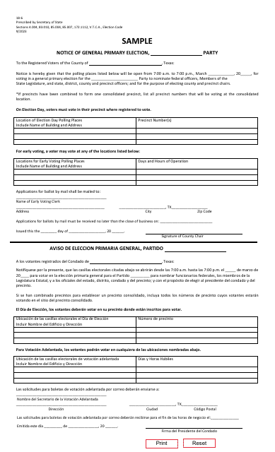 Form 18-6 Notice of General Primary Election - Sample - Texas (English/Spanish)