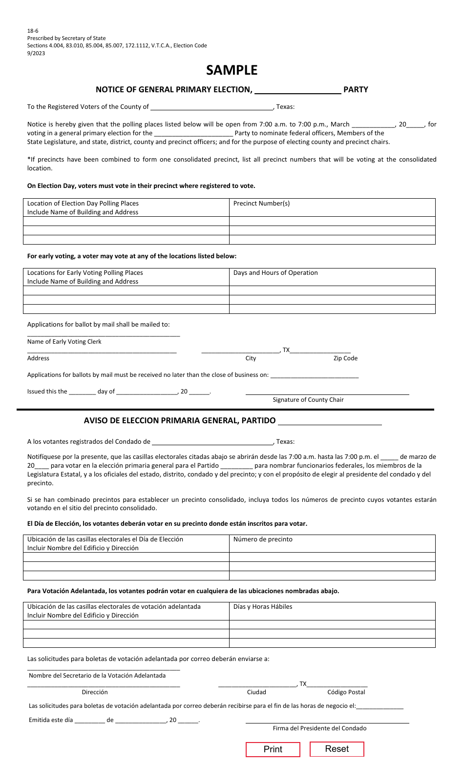 Form 18-6 Notice of General Primary Election - Sample - Texas (English / Spanish), Page 1