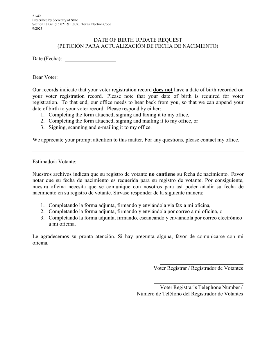 Form 21-42 Date of Birth Update Request Letter - Texas (English / Spanish), Page 1