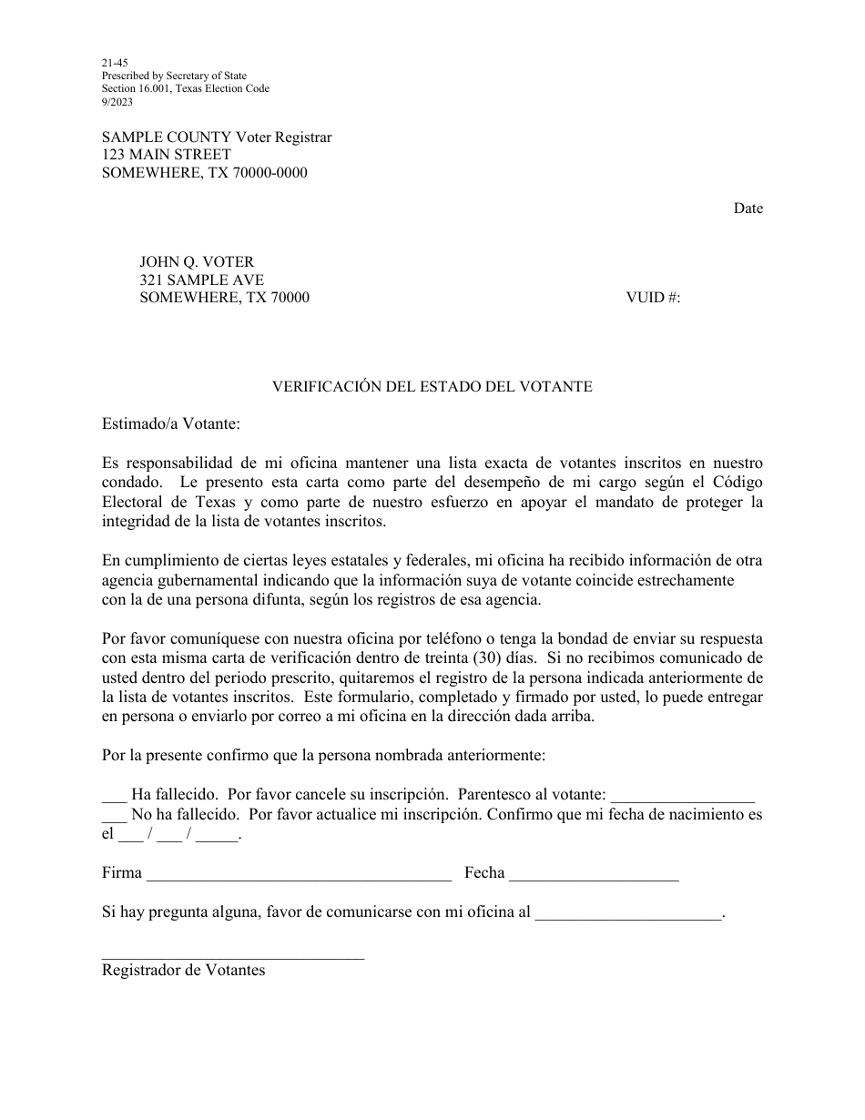 Form 21-45 Notice of Examination for Death (Verification of Voter Status Letter) - Texas (English / Spanish), Page 2