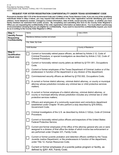 Form 21-19 Request for Voter Registration Confidentiality Under Texas Government Code - Texas (English/Spanish)