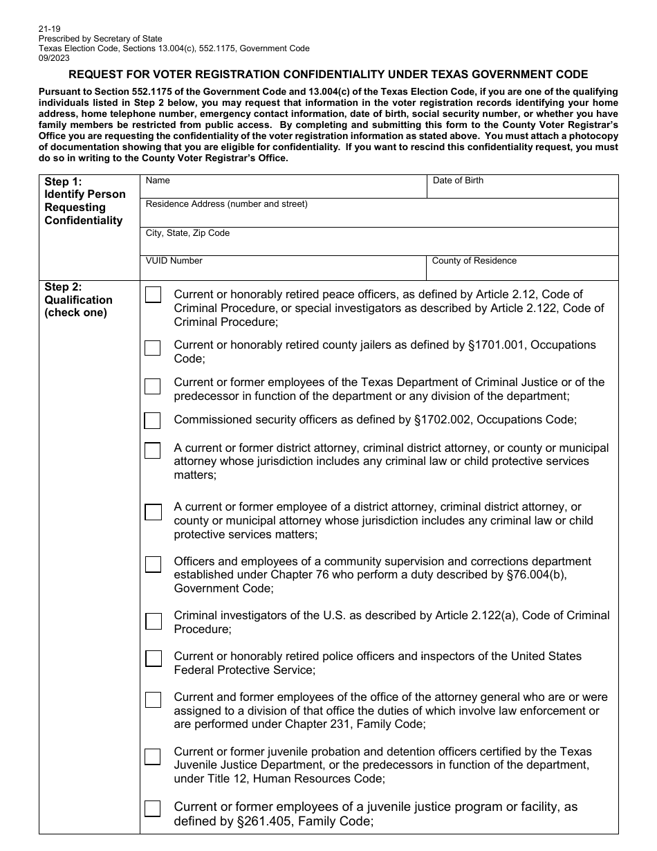 Form 21-19 Request for Voter Registration Confidentiality Under Texas Government Code - Texas (English / Spanish), Page 1
