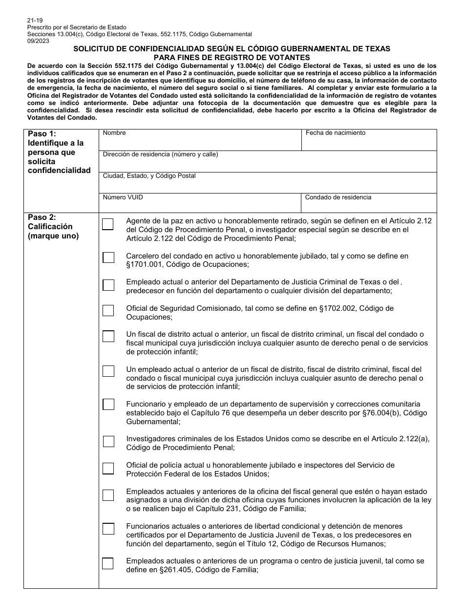 Form 21-19 Request for Voter Registration Confidentiality Under Texas Government Code - Texas (English / Spanish), Page 3