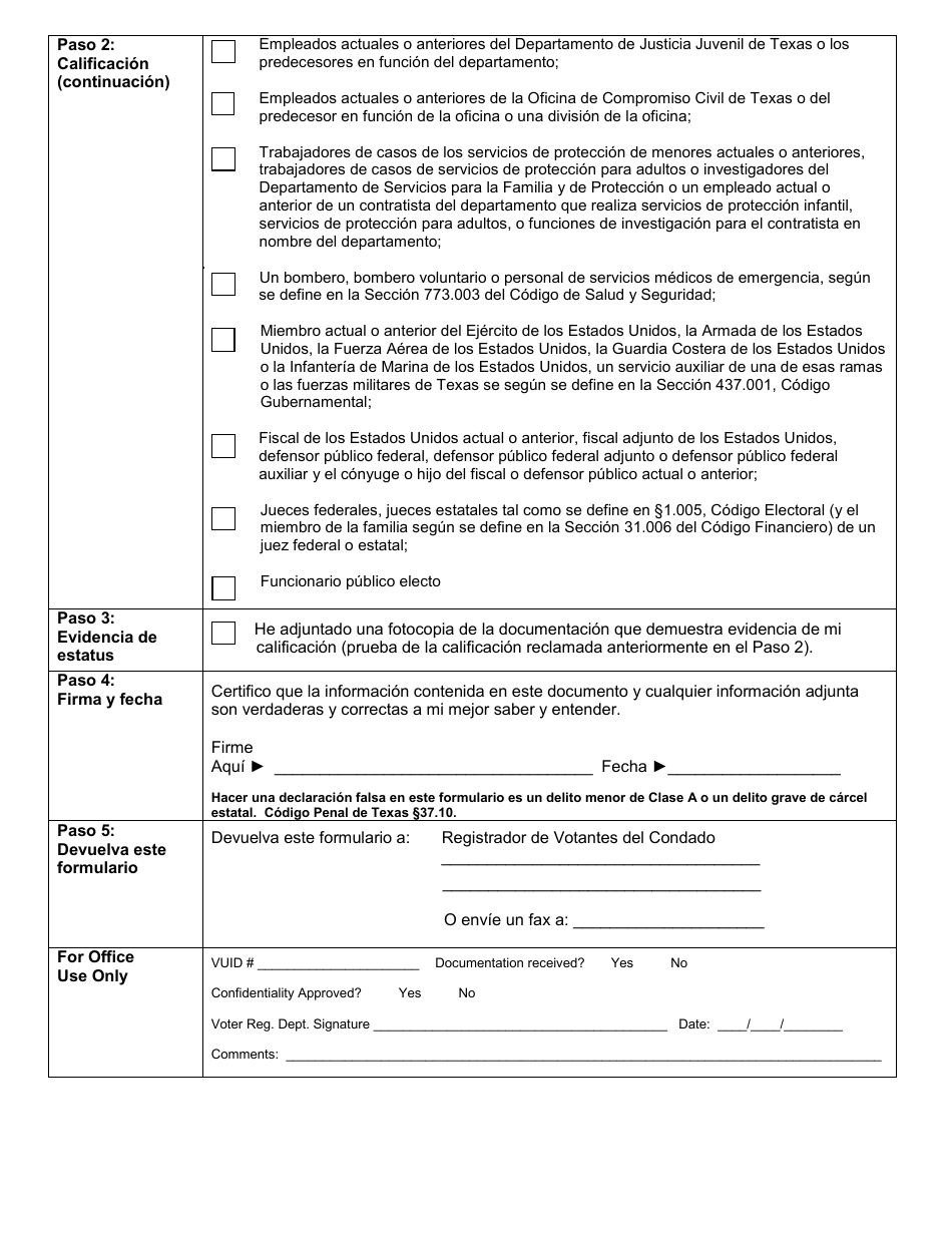 Form 21-19 Request for Voter Registration Confidentiality Under Texas Government Code - Texas (English / Spanish), Page 4