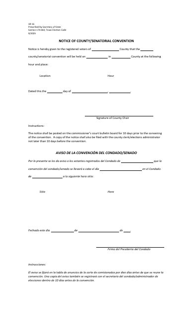 Form 18-16 Notice of County/Senatorial Convention - Texas (English/Spanish)