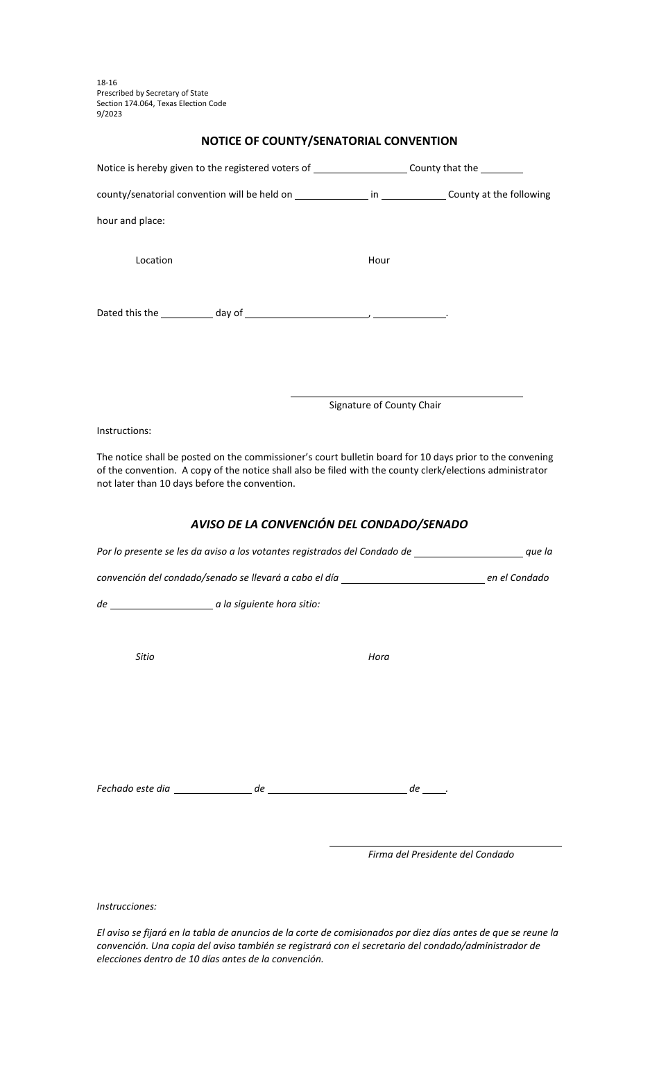 Form 18-16 Notice of County / Senatorial Convention - Texas (English / Spanish), Page 1