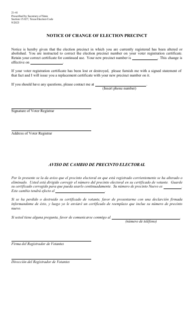 Form 21-41 Notice of Change of Election Precinct - Texas (English/Spanish)