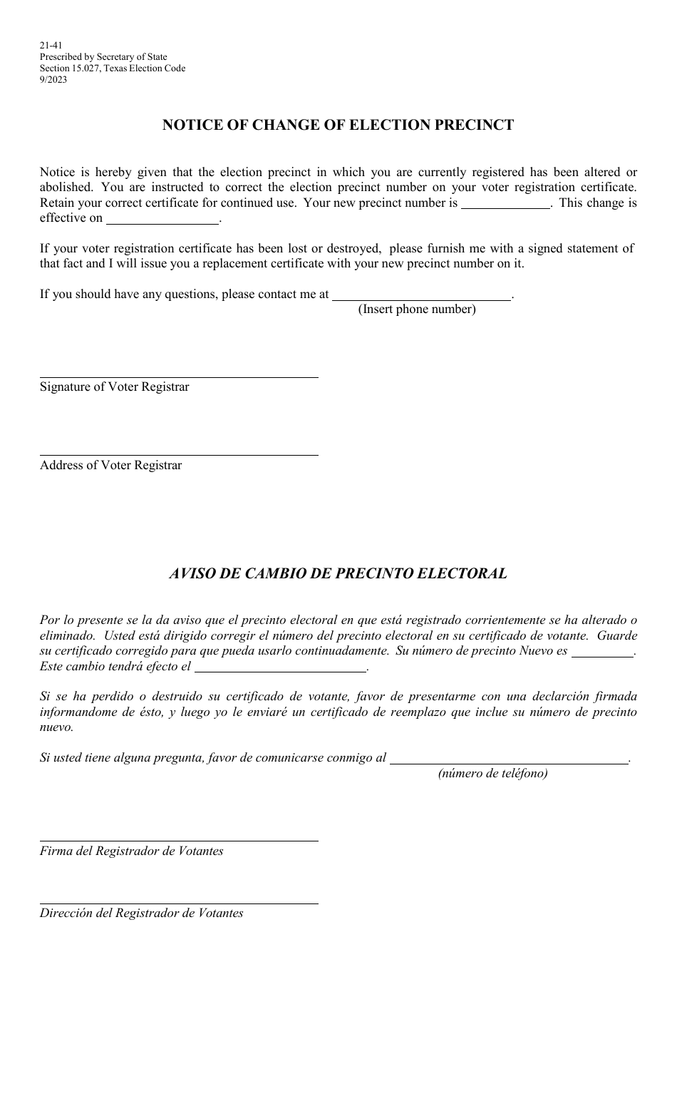 Form 21-41 Notice of Change of Election Precinct - Texas (English / Spanish), Page 1
