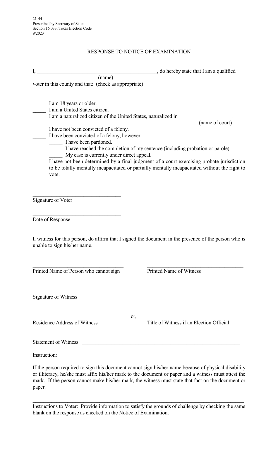 Form 21-44 Notice of Examination - Response Device - Texas (English / Spanish), Page 1