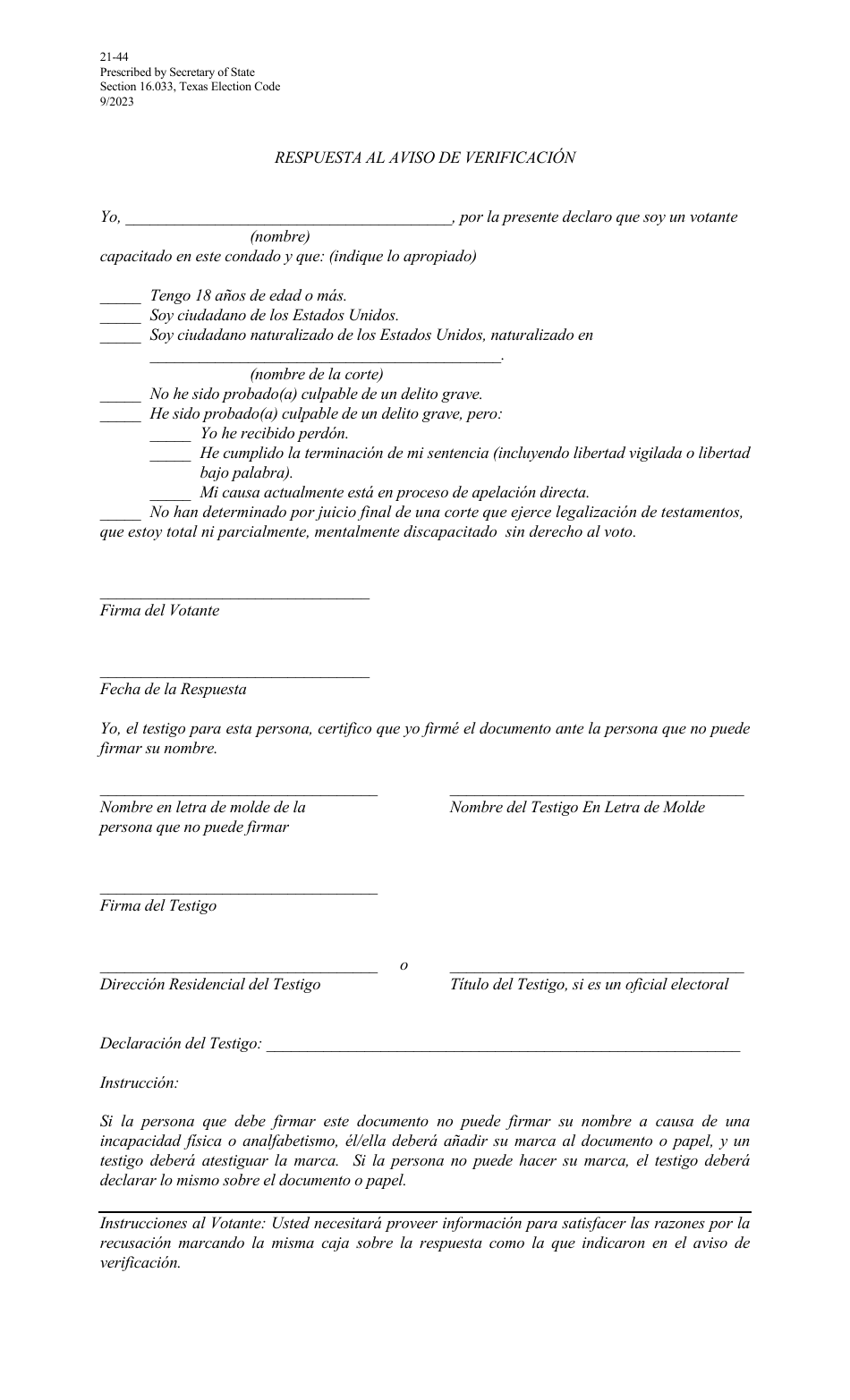 Form 21-44 Notice of Examination - Response Device - Texas (English / Spanish), Page 2