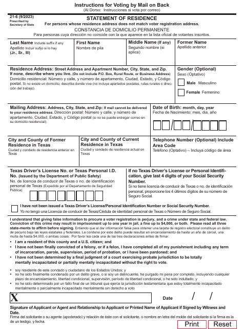 Form 21-6 Statement of Residence - Texas (English/Spanish)