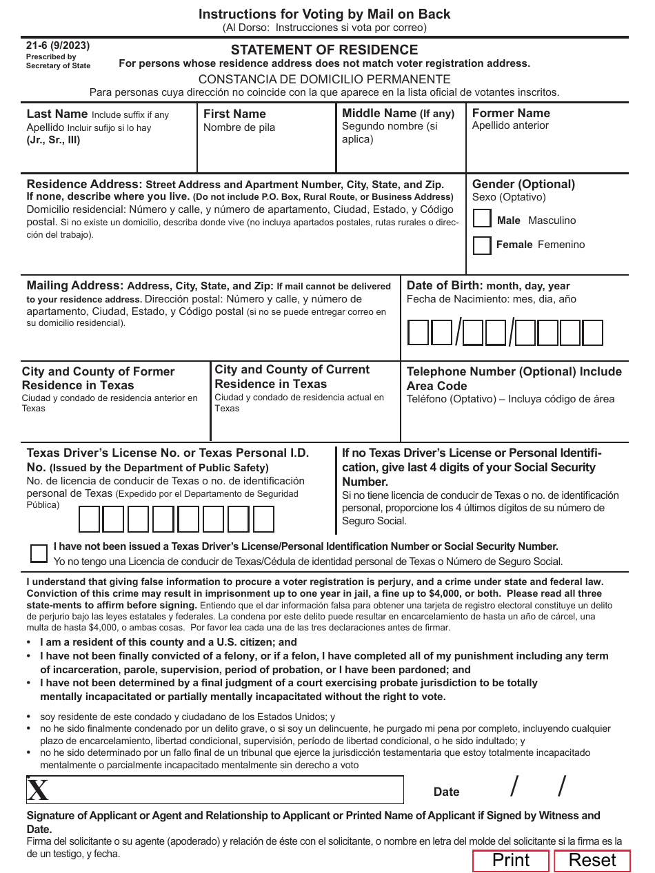 Form 21-6 Statement of Residence - Texas (English / Spanish), Page 1