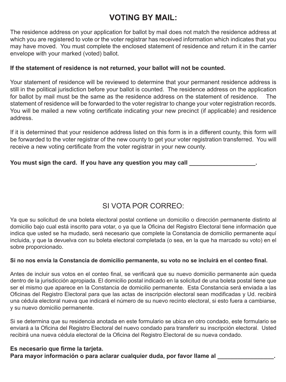 Form 21-6 Statement of Residence - Texas (English / Spanish), Page 2