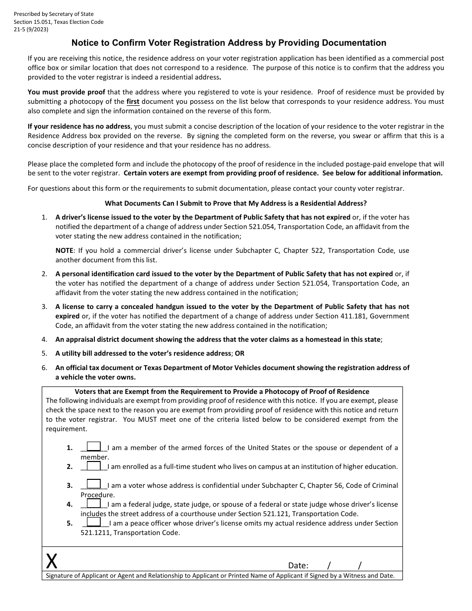 Form 21-5 Notice to Confirm Voter Registration Address by Providing Documentation - Texas (English / Spanish), Page 1