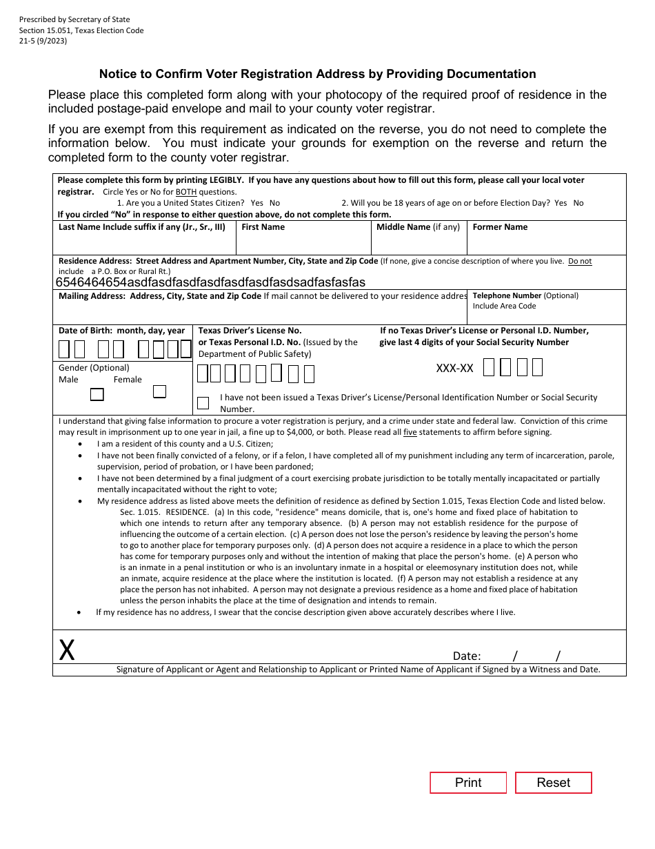 Form 21-5 Notice to Confirm Voter Registration Address by Providing Documentation - Texas (English / Spanish), Page 2