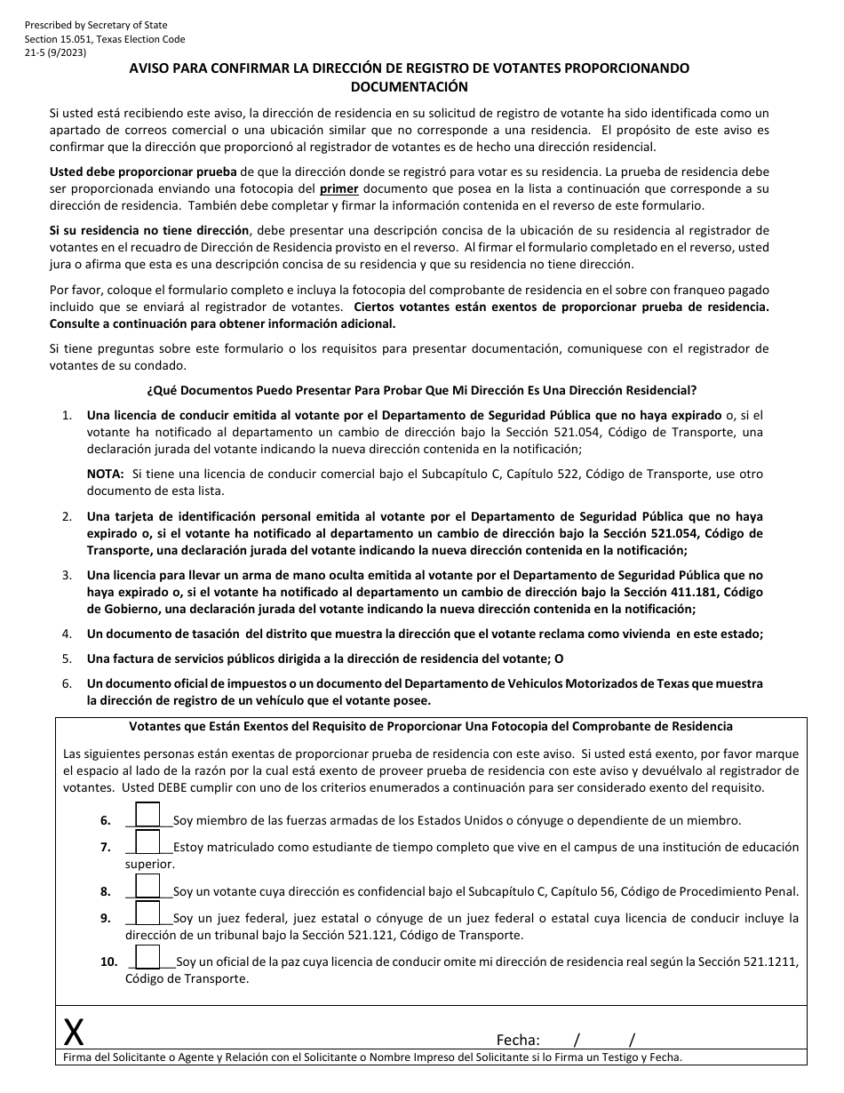 Form 21-5 Notice to Confirm Voter Registration Address by Providing Documentation - Texas (English / Spanish), Page 3
