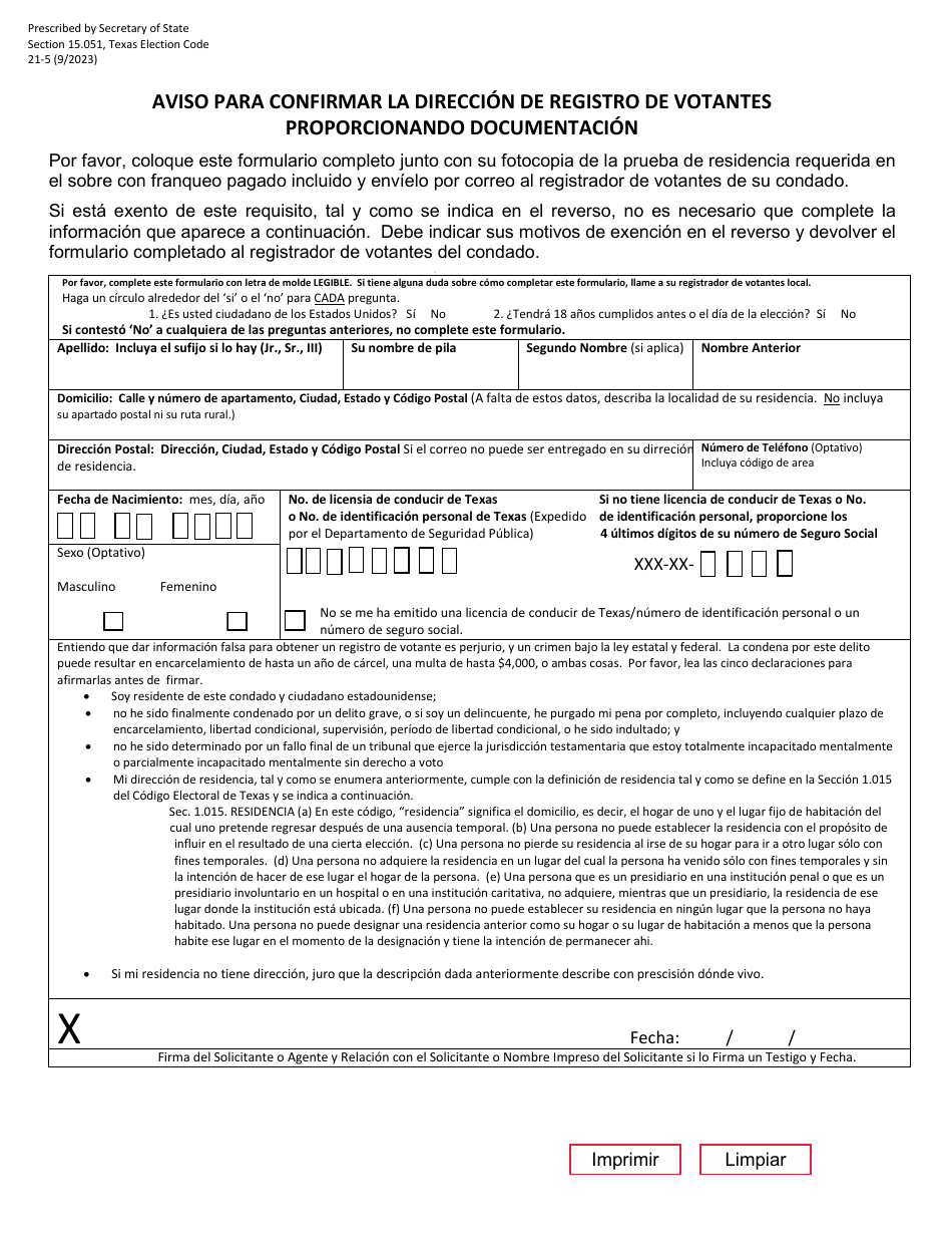 Form 21-5 Notice to Confirm Voter Registration Address by Providing Documentation - Texas (English / Spanish), Page 4