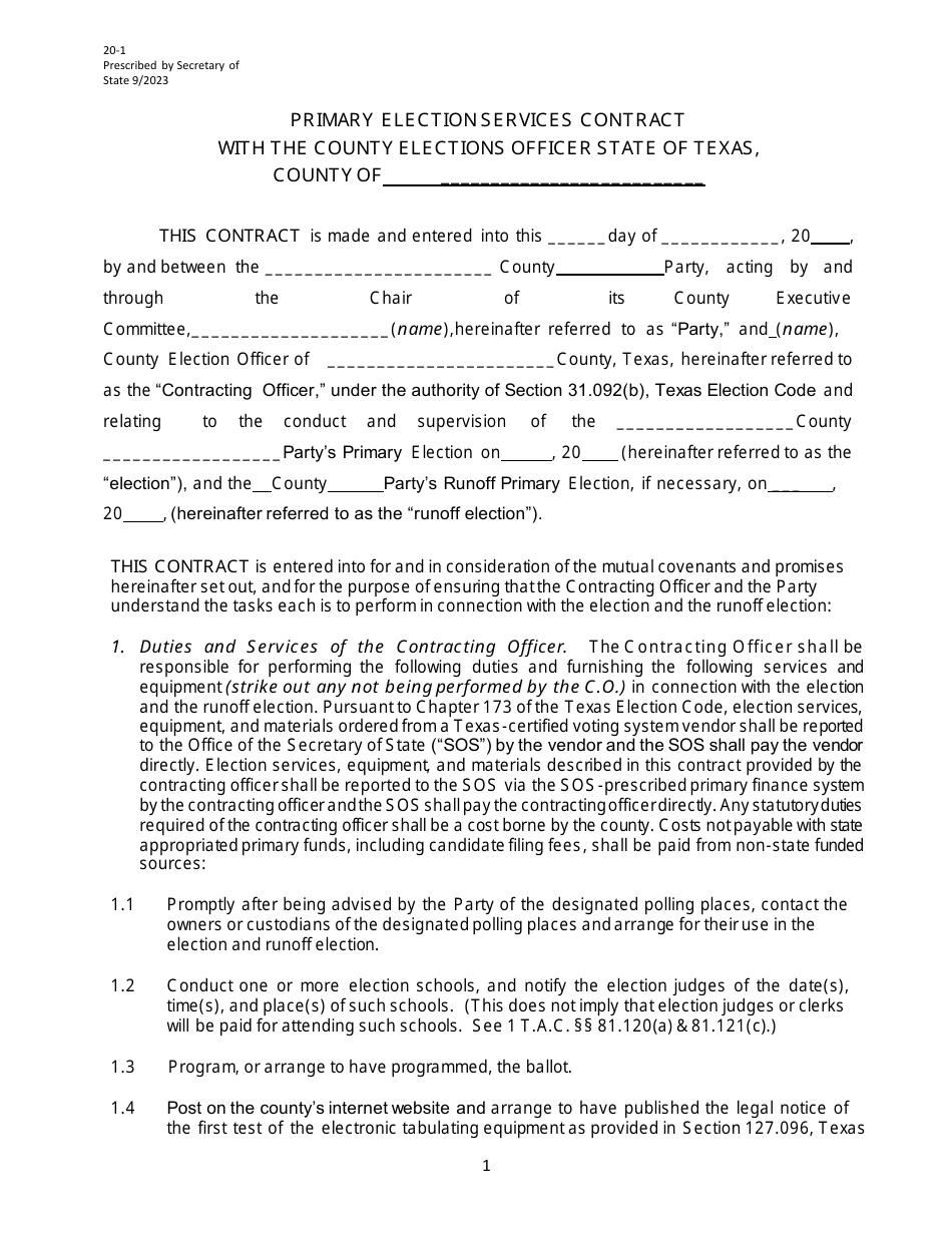 Form 20-1 Primary Election Services Contract - Texas, Page 1