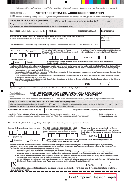 Form 21-3 Notice to Confirm Voter Registration Address-fold Over - Texas (English/Spanish)