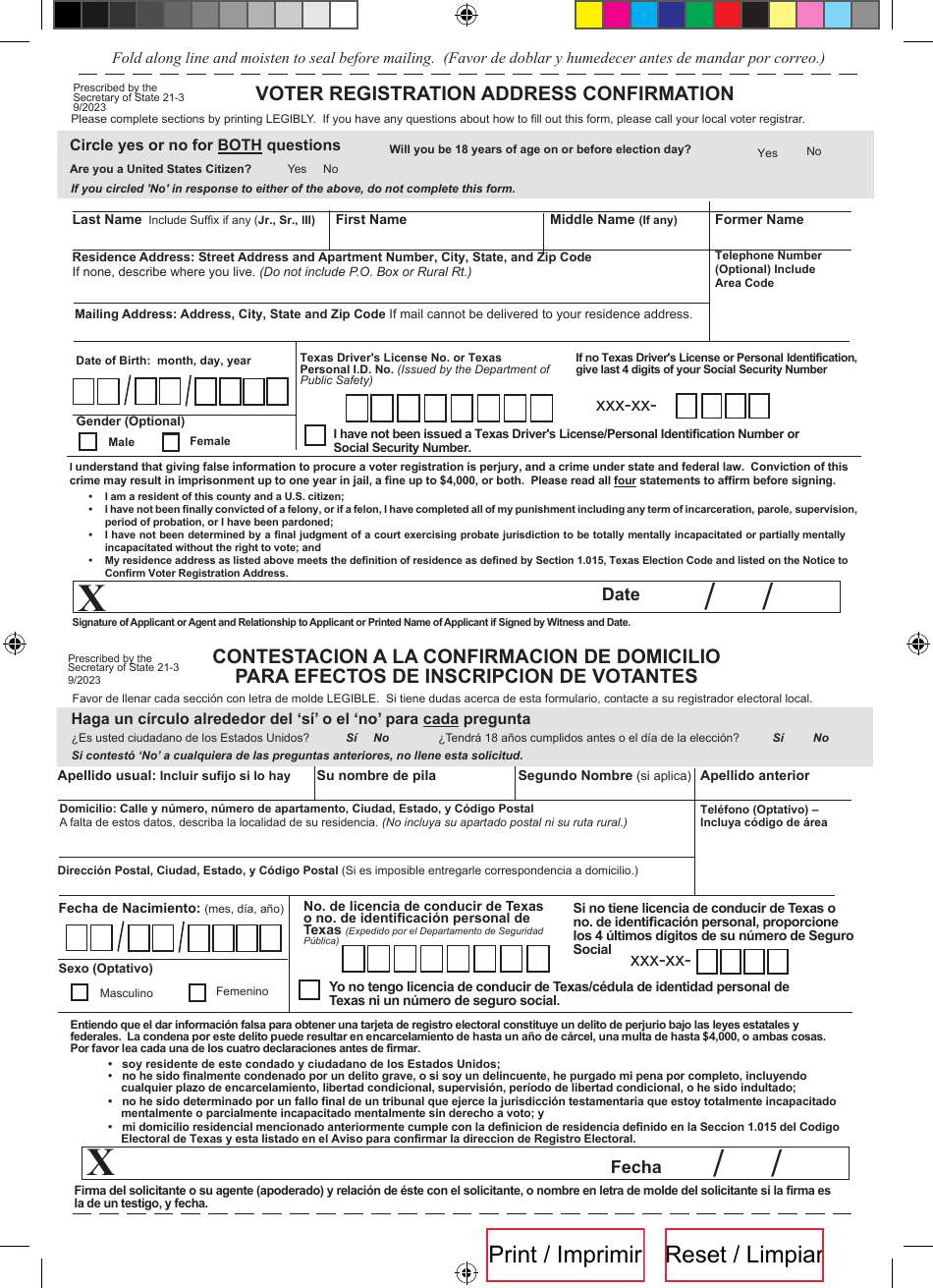 Form 21-3 Notice to Confirm Voter Registration Address-fold Over - Texas (English / Spanish), Page 1