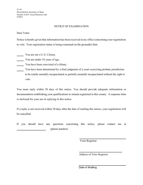 Form 21-43 Notice of Examination - Texas (English/Spanish)
