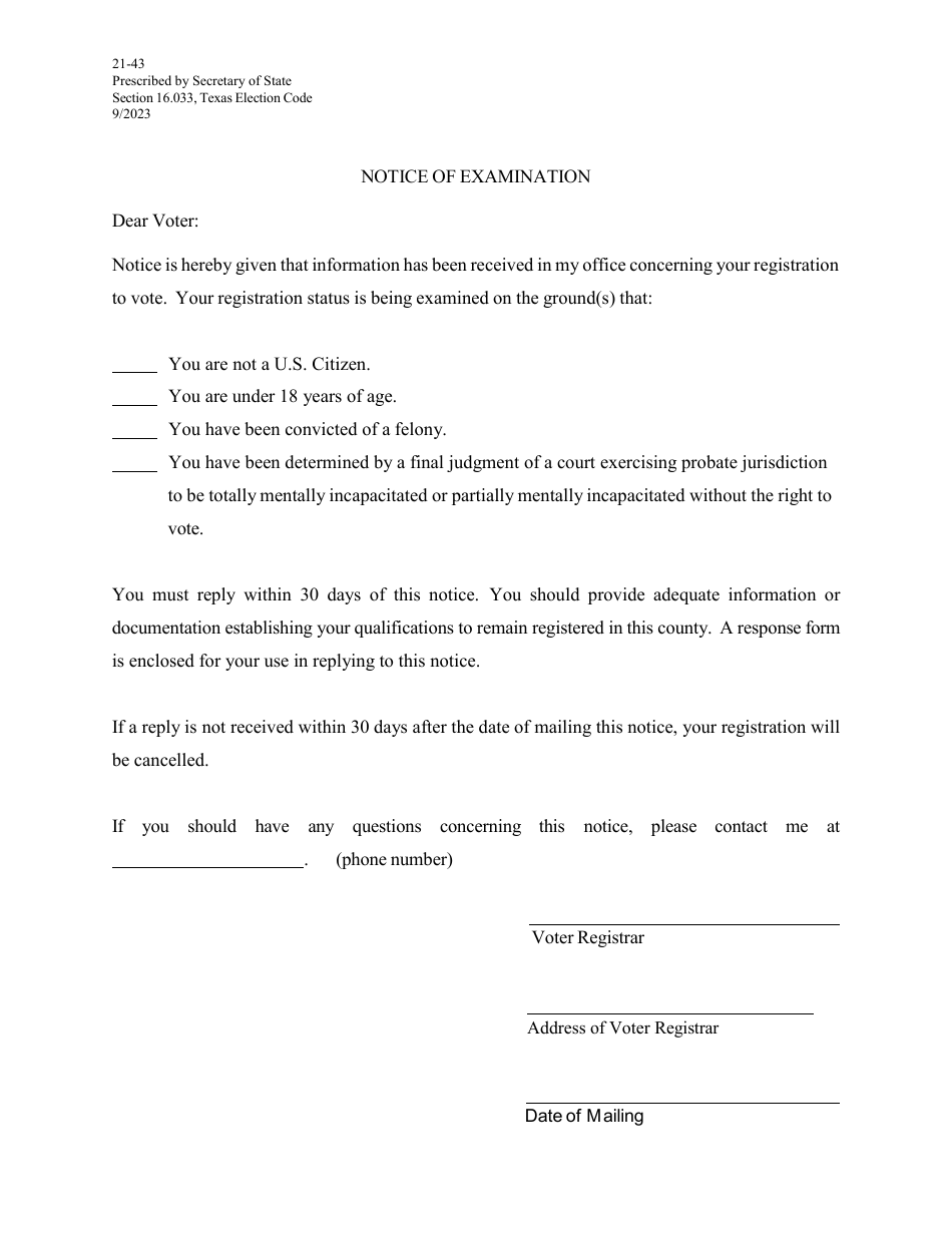 Form 21-43 Notice of Examination - Texas (English / Spanish), Page 1