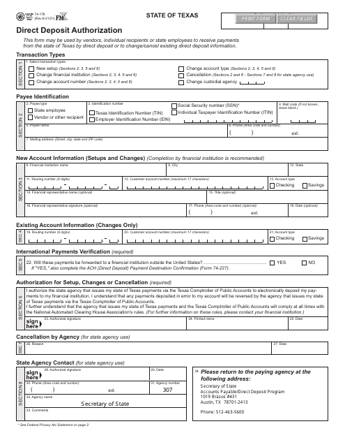 Form 74-176 Direct Deposit Authorization - Texas