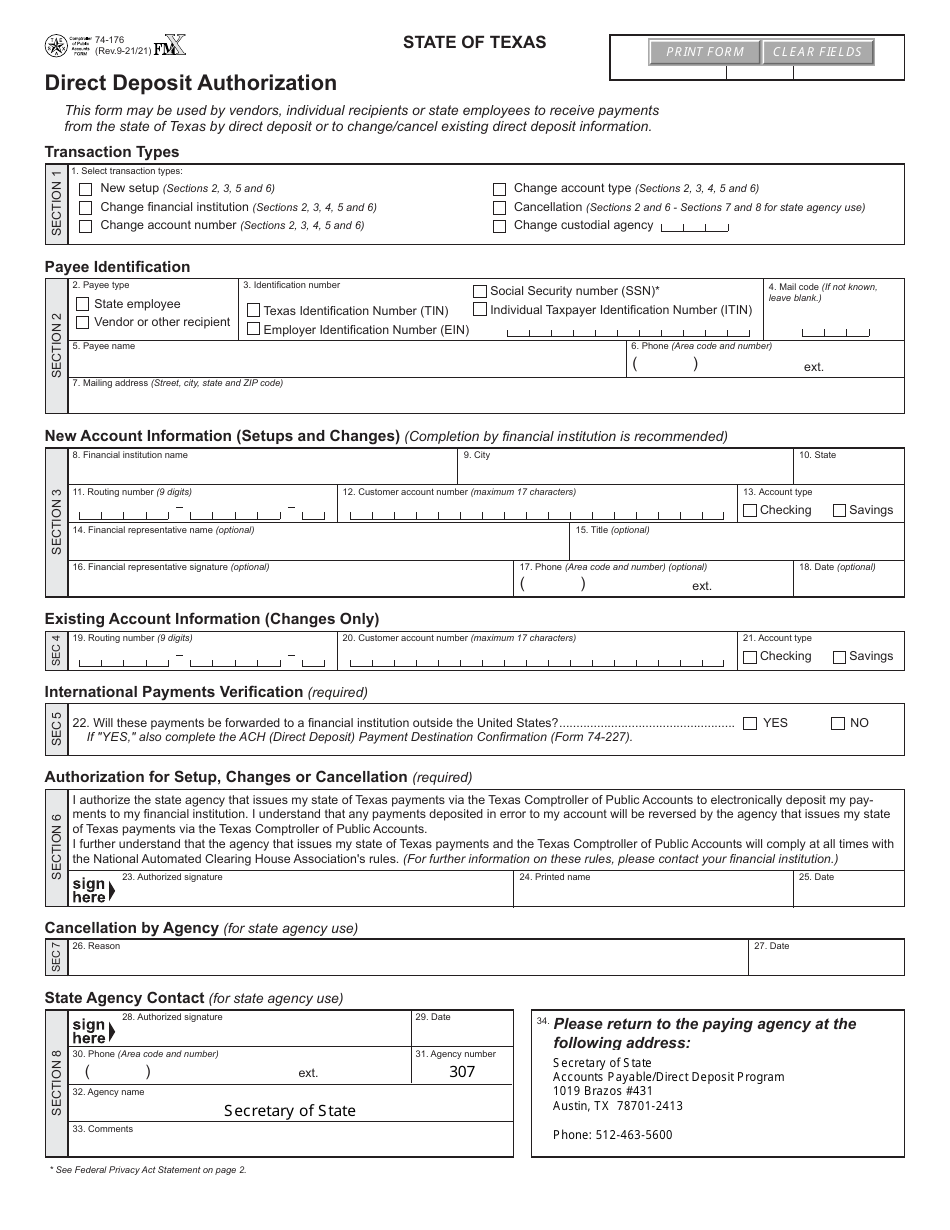 Form 74-176 Direct Deposit Authorization - Texas, Page 1