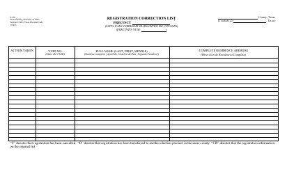 Document preview: Form 21-58 Registration Correction List - Texas