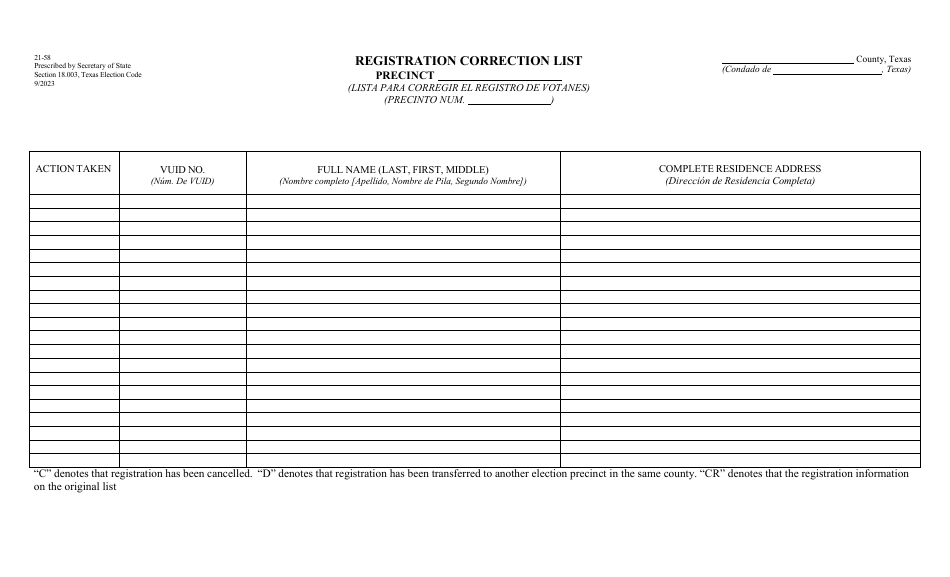 Form 21-58 Registration Correction List - Texas, Page 1