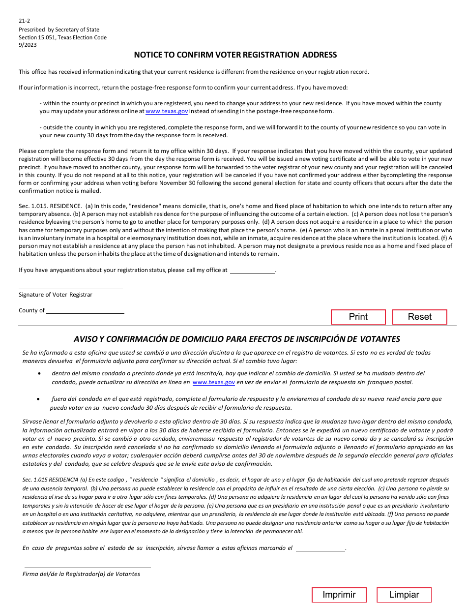 Form 21-2 Notice to Confirm Voter Registration Address - Texas (English / Spanish), Page 1