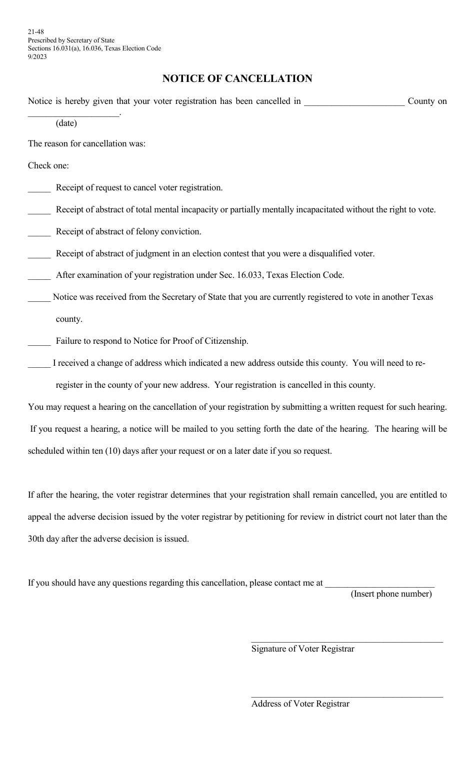 Form 21-48 Notice of Cancellation - Texas (English / Spanish), Page 1