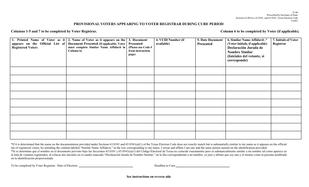 Form 21-60 Provisional Voters Appearing to Voter Registrar During Cure Period and Instructions - Texas