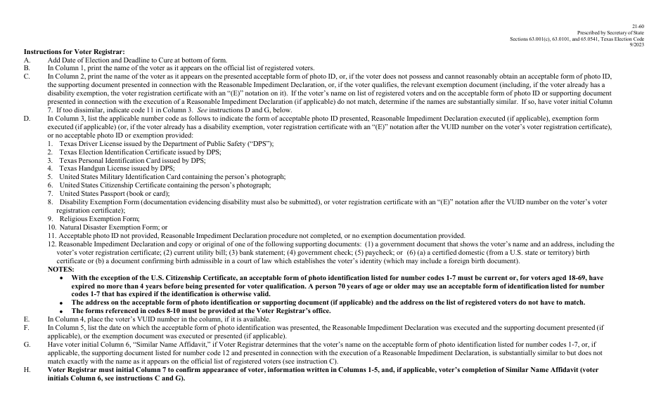 Form 21-60 Provisional Voters Appearing to Voter Registrar During Cure Period and Instructions - Texas, Page 2